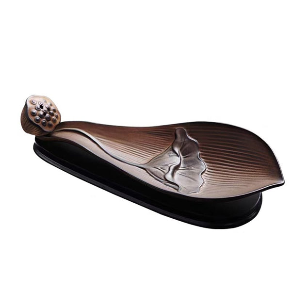 Brown Ceramic Lotus Pod Zen Incense Burner - bronze-black gradient leaf with seed pod, artisan craft