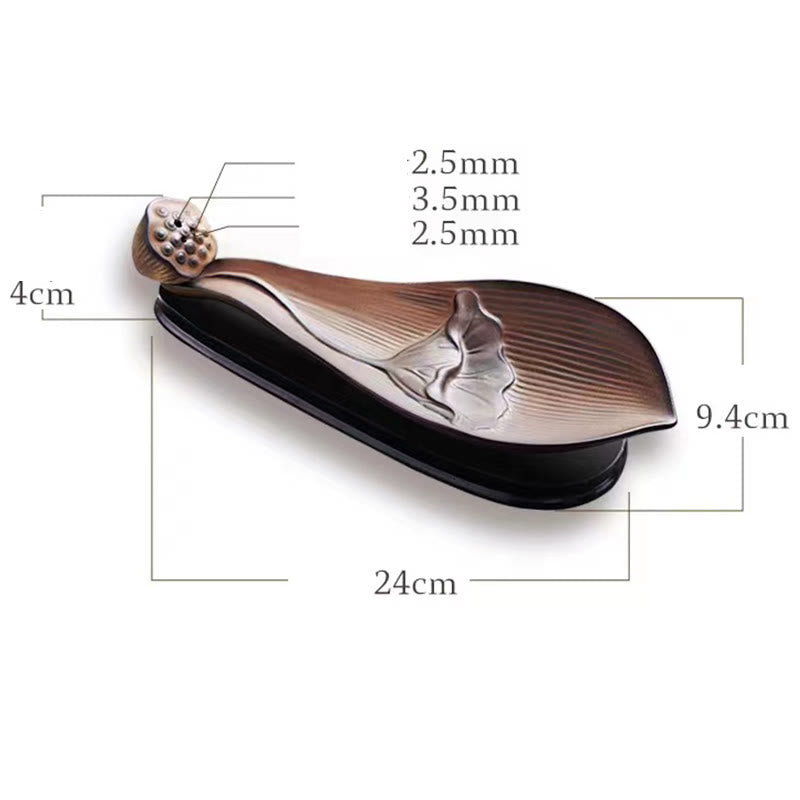 Brown Ceramic Lotus Pod Zen Incense Burner - glossy brown leaf with veining on white, handcrafted