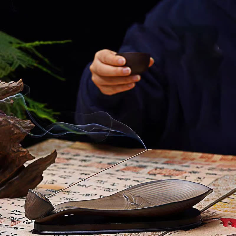 Brown Ceramic Lotus Pod Zen Incense Burner - calligraphy scene with tea cup figure, meditative lifestyle