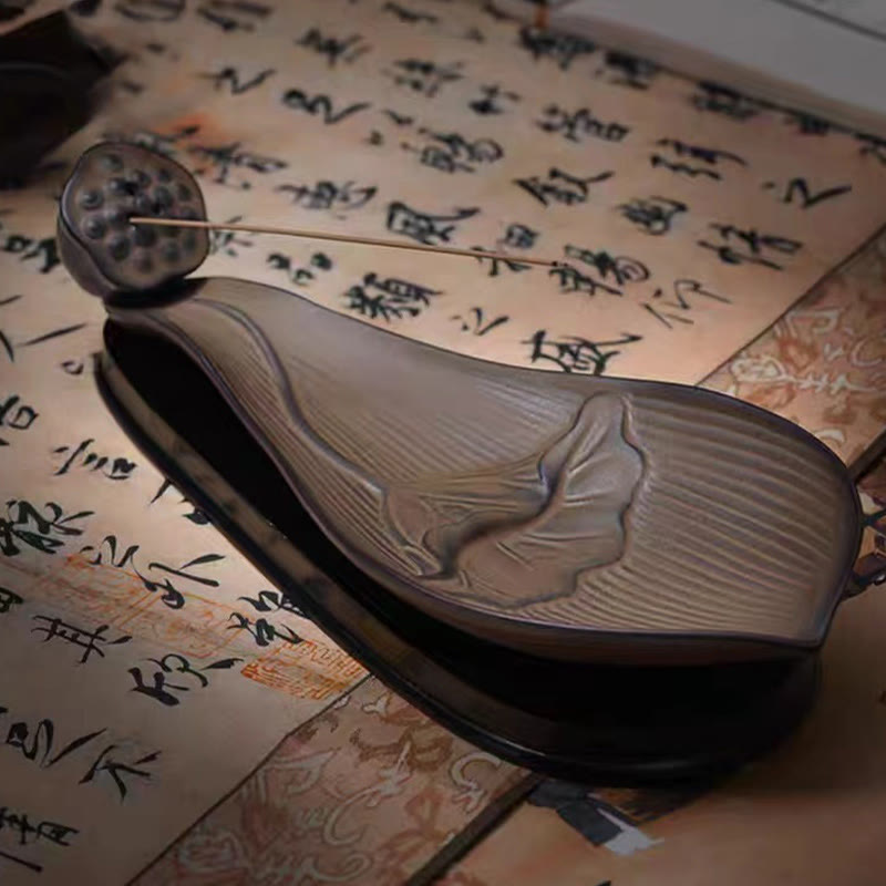 Brown Ceramic Lotus Pod Zen Incense Burner - dark leaf on calligraphy scroll with seed pod holder, zen
