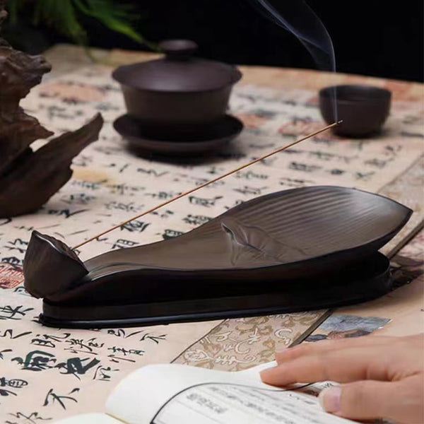 Brown Ceramic Lotus Pod Zen Incense Burner - on calligraphy with tea set, hands reading book, serene