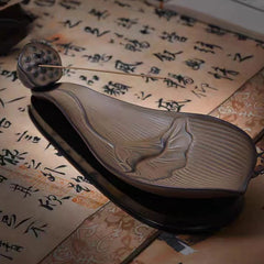 Brown Ceramic Lotus Pod Zen Incense Burner - dark leaf on calligraphy scroll with seed pod holder, zen
