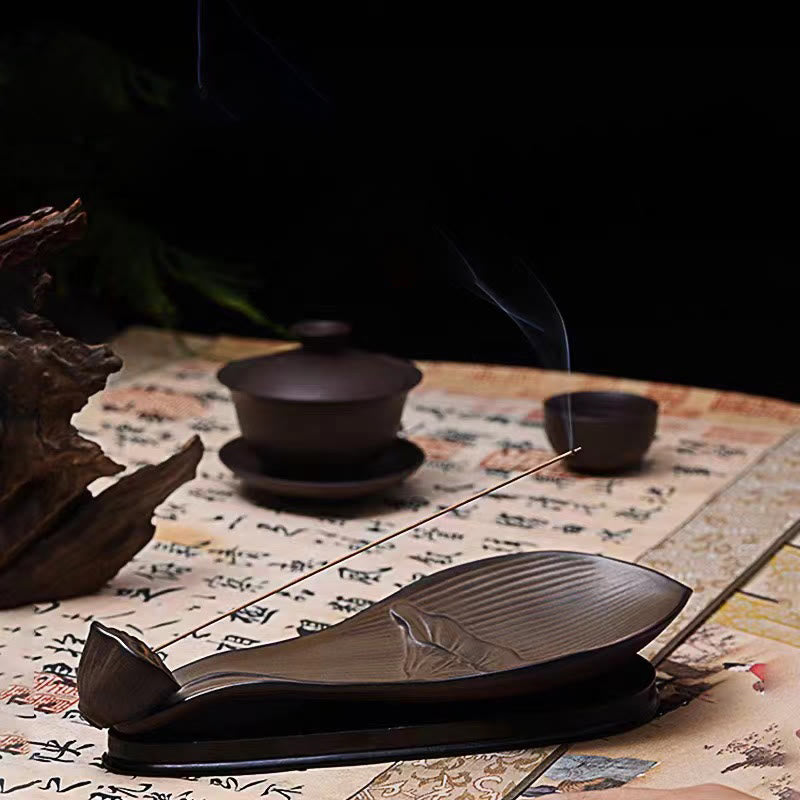Brown Ceramic Lotus Pod Zen Incense Burner - low angle with gaiwan and driftwood, tea ceremony zen