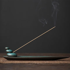 Ceramic Nature Incense Burner – Stacked zen stones holder with incense smoke rising, meditation serenity