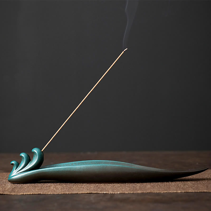 Ceramic Nature Incense Burner – Ocean wave holder with swirling smoke, calming water motif