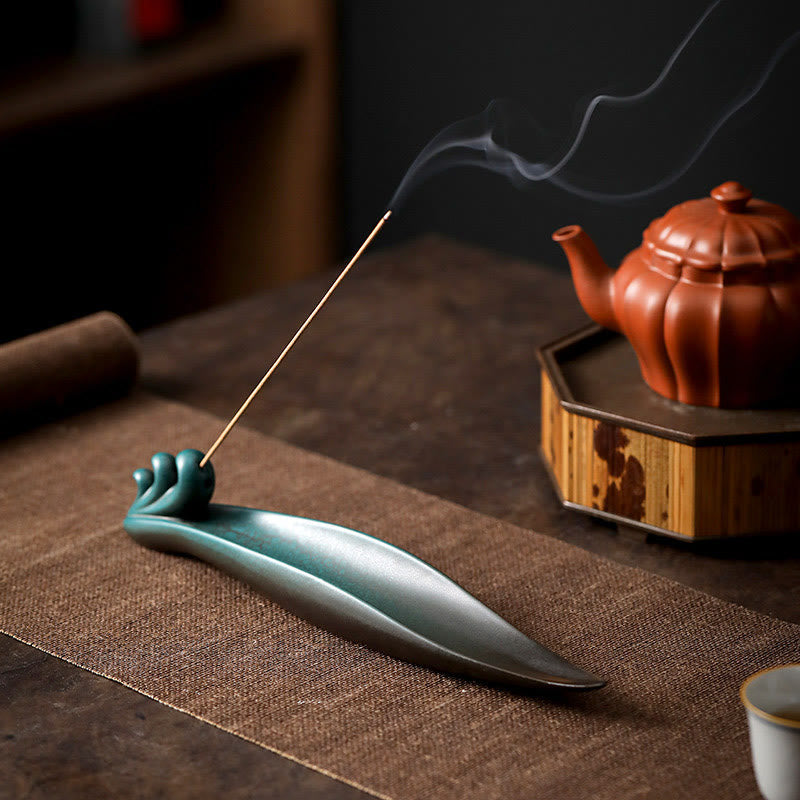 Ceramic Nature Incense Burner – Wave holder beside yixing teapot and cup, tea ceremony ambiance