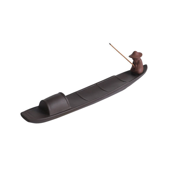 Fisherman Boat Purple Clay Incense Burner – full overview on white background with incense stick, minimalist design
