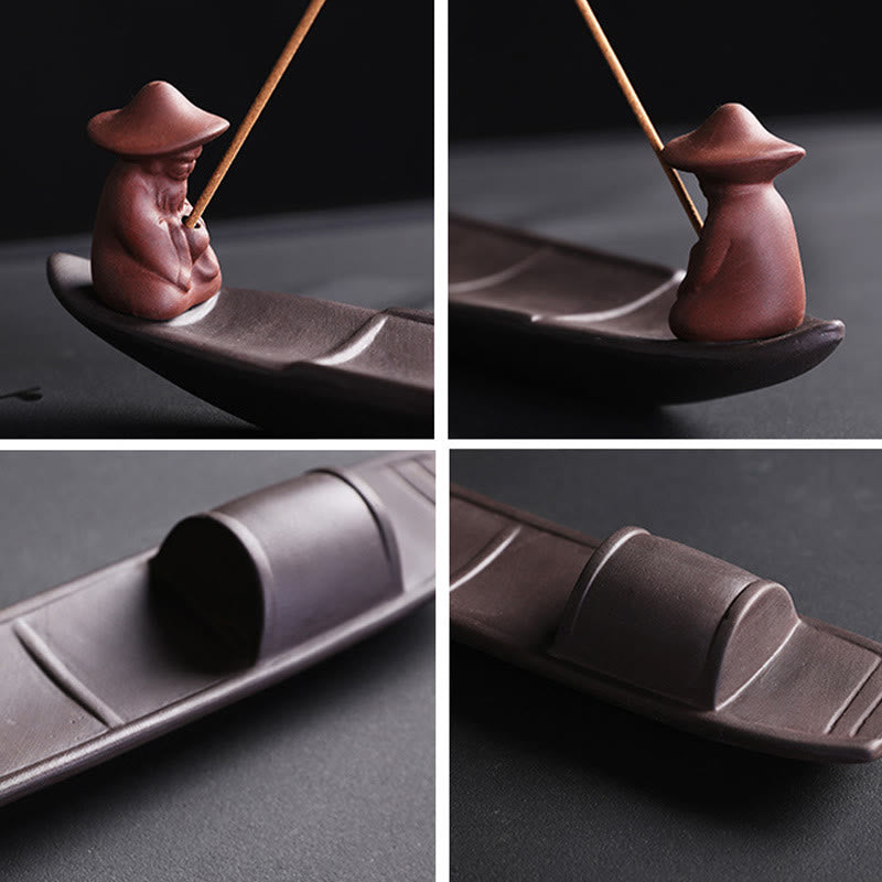 Fisherman Boat Purple Clay Incense Burner – four-panel detail collage of figure and cabin, fine craftsmanship