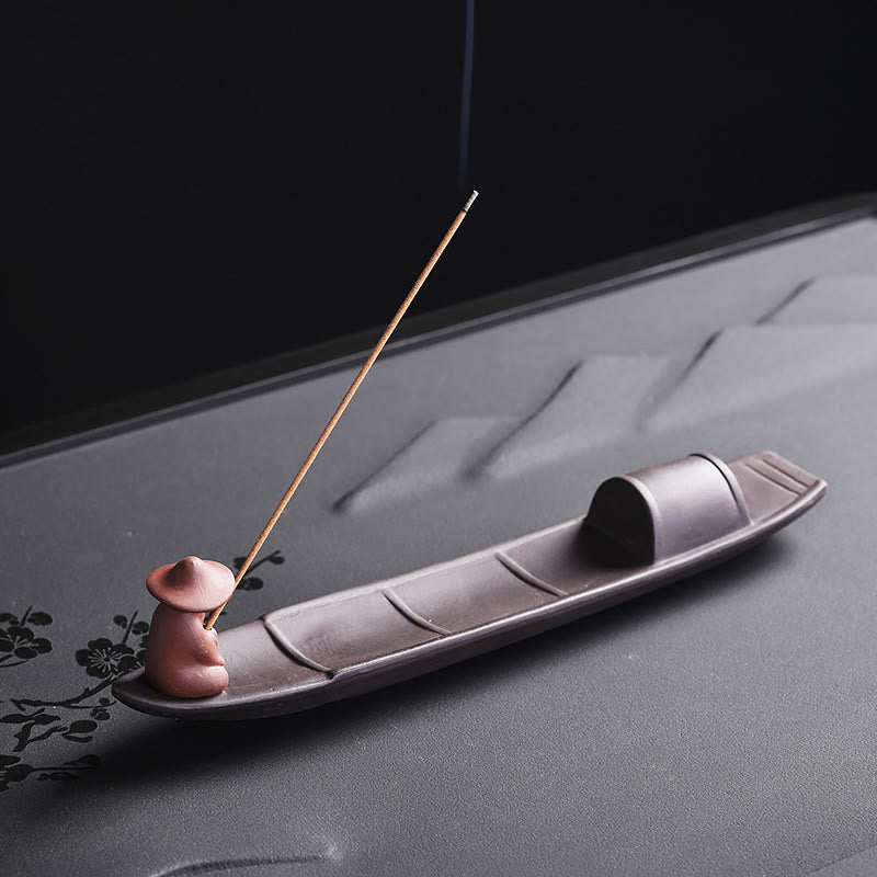 Fisherman Boat Purple Clay Incense Burner – placed on plum-blossom tea tray, peaceful aromatherapy