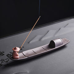 Fisherman Boat Purple Clay Incense Burner – placed on plum-blossom tea tray, peaceful aromatherapy