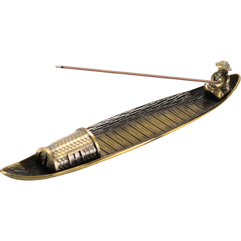 Fisherman Boat Alloy Incense Burner – full side profile on white background with incense stick, elegant display