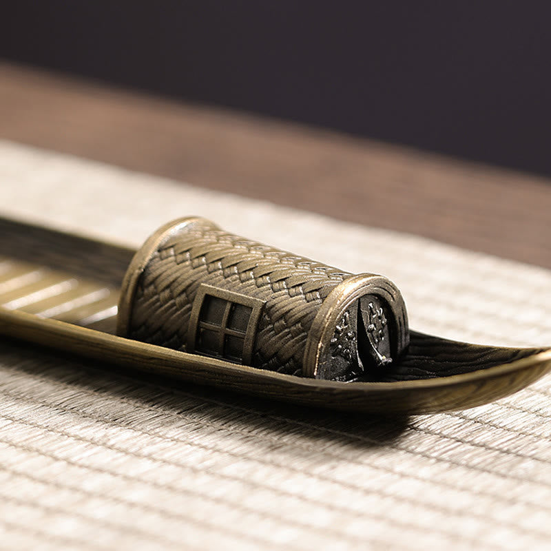 Fisherman Boat Alloy Incense Burner – woven cabin texture detail, antique brass finish
