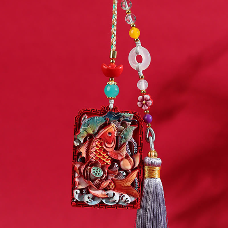 Cinnabar Koi Fish Car Hanging – koi fish lotus carved pendant, frontal view, cinnabar red, beads, tassel