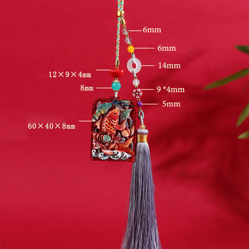 Cinnabar Koi Fish Car Hanging – pendant with dimension annotations, koi lotus relief, beads, tassel, size ref