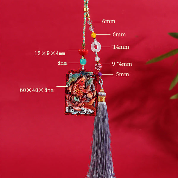 Cinnabar Koi Fish Car Hanging – pendant with dimension annotations, koi lotus relief, beads, tassel, size ref