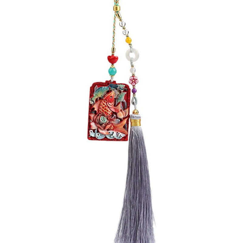 Cinnabar Koi Fish Car Hanging – full pendant assembly on white, koi fish lotus relief, beads, tassel, charm