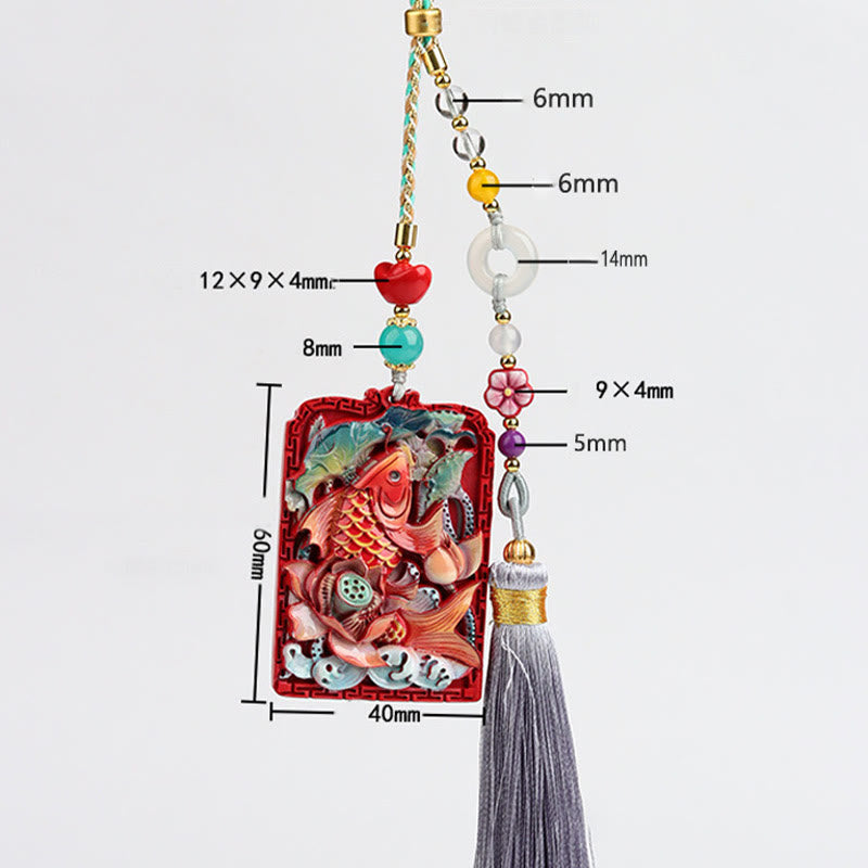 Cinnabar Koi Fish Car Hanging – pendant on white background with measurements, koi relief, beads, tassel