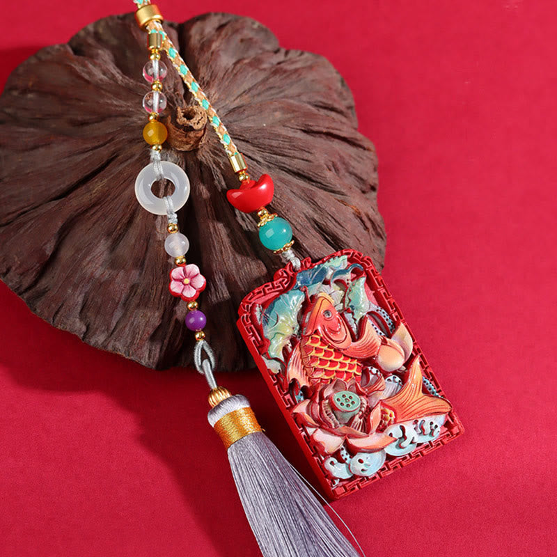 Cinnabar Koi Fish Car Hanging – carved koi lotus pendant with seed pod prop, beads, tassel, red background