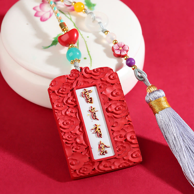 Cinnabar Koi Fish Car Hanging – gold calligraphy wealth pendant, cloud pattern, red background, prosperity