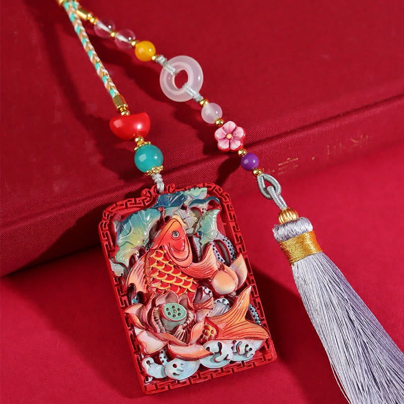 Cinnabar Koi Fish Car Hanging – carved koi lotus pendant on red fabric, jade bi disc, grey tassel, blessing