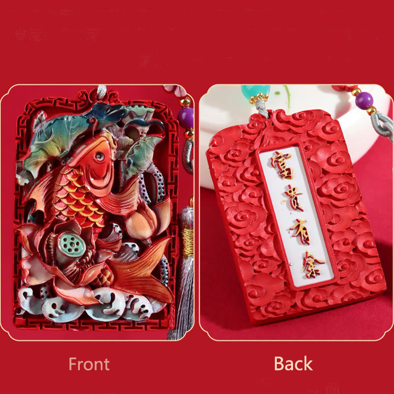 Cinnabar Koi Fish Car Hanging – front and back view, koi fish front, wealth calligraphy back, cinnabar red