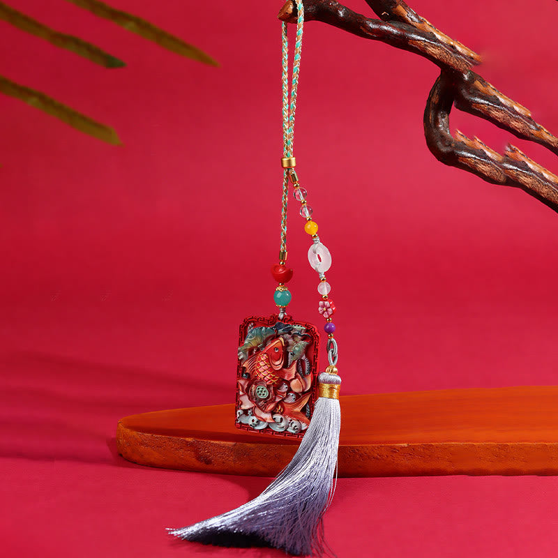Cinnabar Koi Fish Car Hanging – pendant hanging from branch on wood, koi lotus relief, tassel, natural display