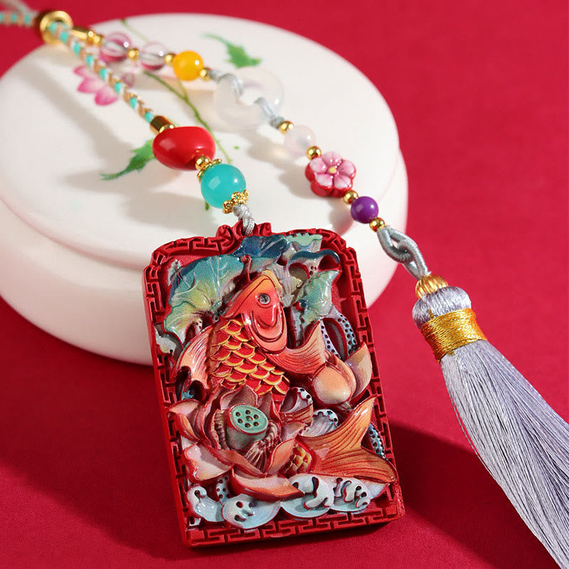 Cinnabar Koi Fish Car Hanging – carved pendant with porcelain prop, koi lotus relief, beads, tassel, auspicious