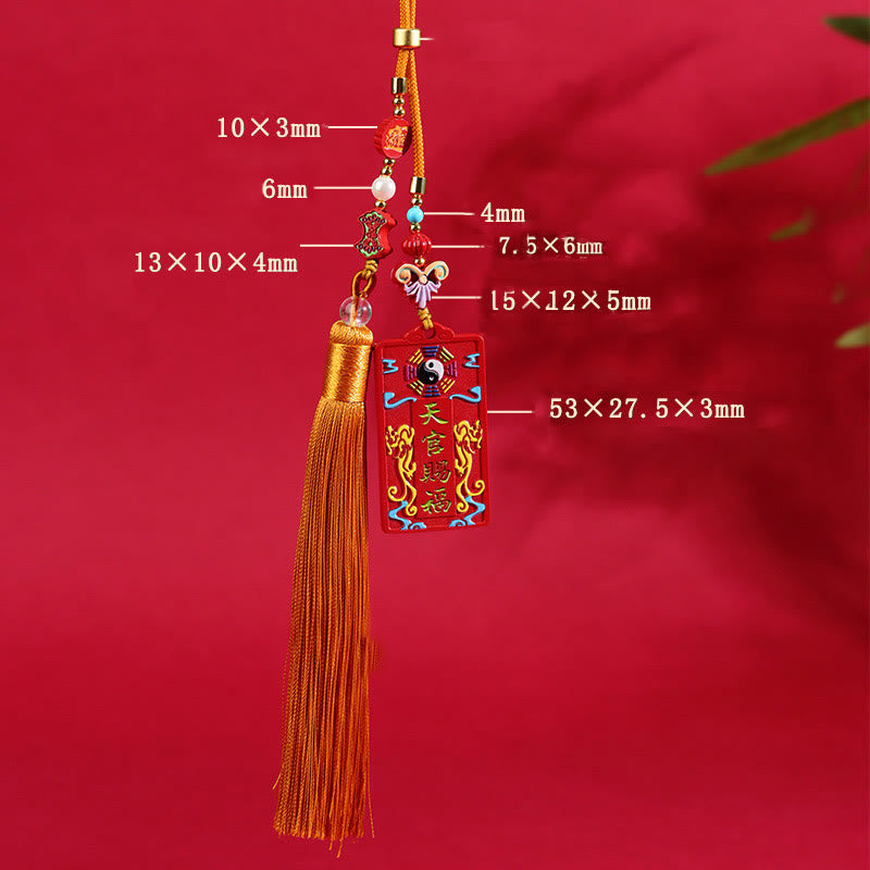 Natural Cinnabar Bagua Yin Yang Fu Hanging - annotated dimension view on red background showing component sizes, car hangi...