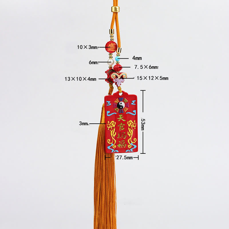Natural Cinnabar Bagua Yin Yang Fu Hanging - white background with size specs showing bagua pendant and bead chain, Chines...