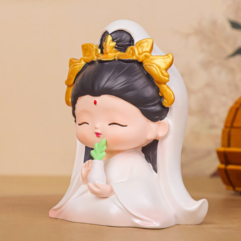 Avalokitesvara Lotus Statue – on wooden altar with offerings, Buddhist shrine setup