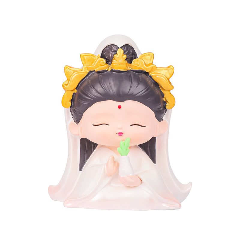 Avalokitesvara Lotus Statue – size reference next to prayer beads, tabletop sculpture
