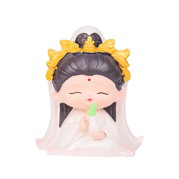 Avalokitesvara Lotus Statue – size reference next to prayer beads, tabletop sculpture
