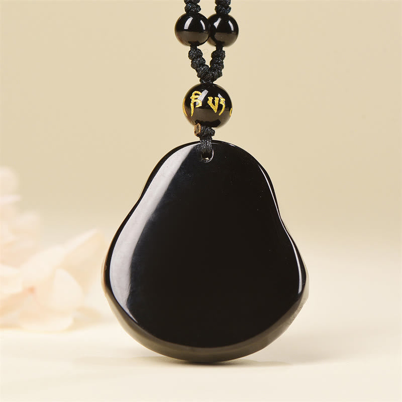 Black Obsidian Buddha Necklace – double-sided carving detail front and back collage, full artwork