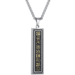 Nine-Word Mantra Bagua Yin Yang Titanium Steel Pendant - Silver-gold pendant on white, Greek key border, men necklace