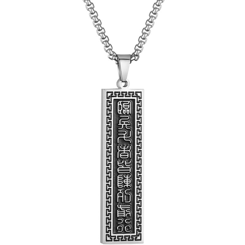 Nine-Word Mantra Bagua Yin Yang Titanium Steel Pendant - Silver-gold calligraphy pendant on white, men statement necklace