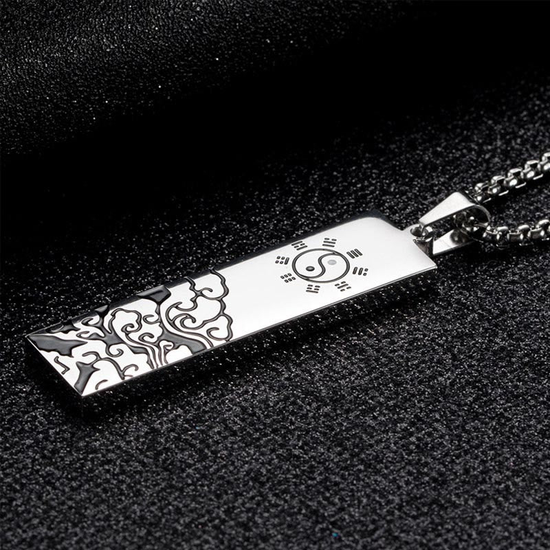 Nine-Word Mantra Bagua Yin Yang Titanium Steel Pendant - Yin-yang and bagua design on dark, Taoist spiritual necklace