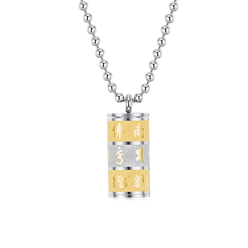 Prayer Wheel Lotus Necklace – vertical pendant on white, Chinese characters and lotus engraving, Peaceful