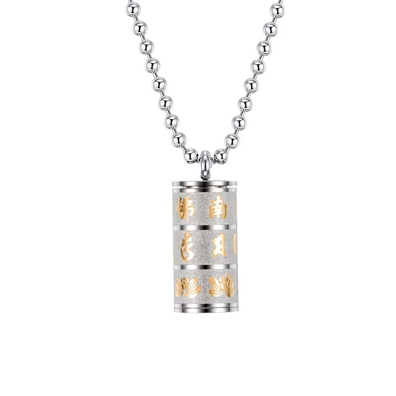 Prayer Wheel Lotus Necklace – silver body with gold Sanskrit and lotus on white, Focused