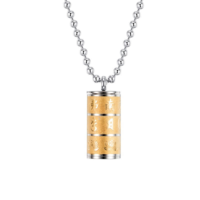 Prayer Wheel Lotus Necklace – two-tone cylinder on white background, silver ball chain, Sacred