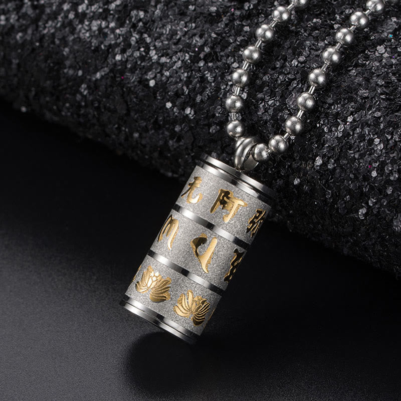 Prayer Wheel Lotus Necklace – silver pendant on volcanic rock, lotus motif detail, Calm