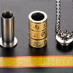Prayer Wheel Lotus Necklace – disassembled screw-top pendant with inner cylinder, detailed craft