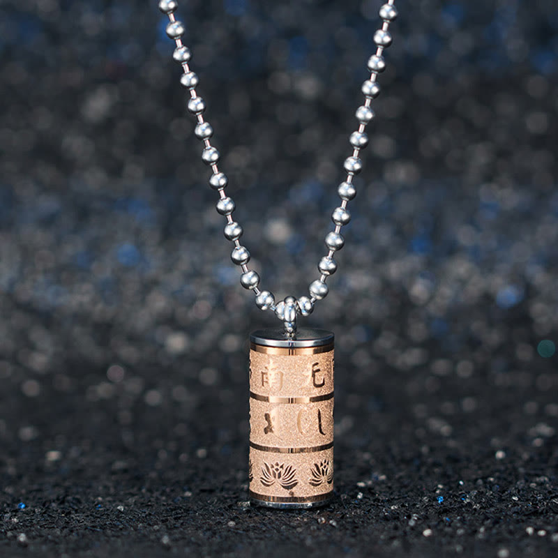 Prayer Wheel Lotus Necklace – rose gold pendant on dark sparkle backdrop, mantra engraving, Meditative