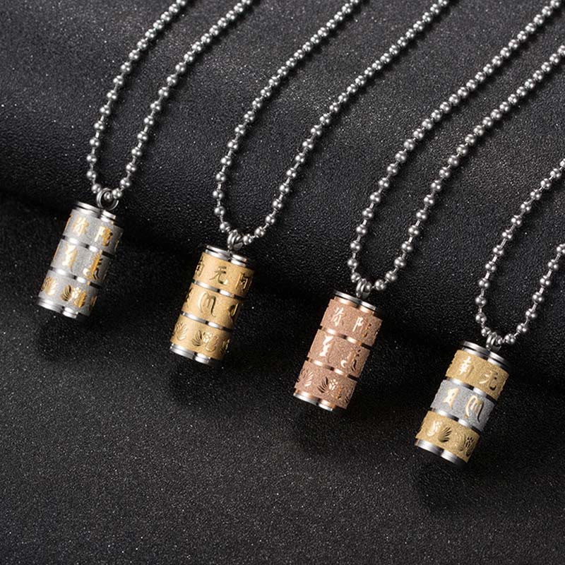 Prayer Wheel Lotus Necklace – four metal color variants on dark fabric, gold silver rose, Versatile