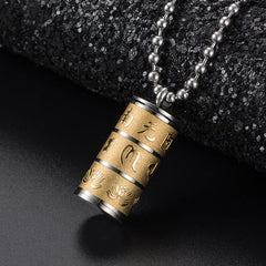 Prayer Wheel Lotus Necklace – gold-silver pendant on black rock, engraved Buddhist mantra, Spiritual