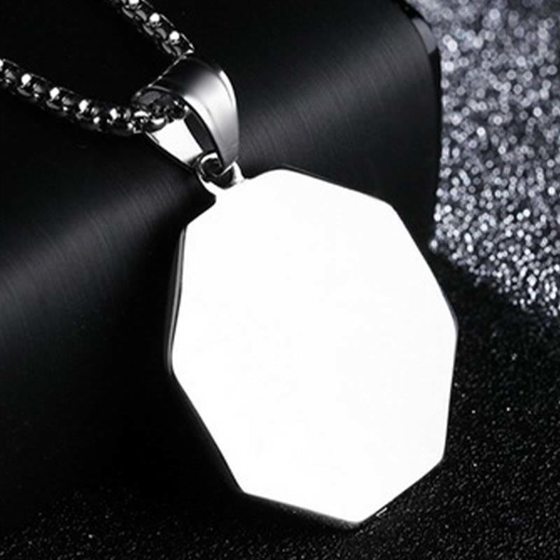 Titanium Steel Bagua Yin Yang Necklace - Silver blank octagonal dog tag pendant on dark background, minimalist design