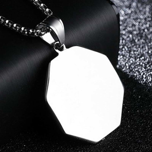 Titanium Steel Bagua Yin Yang Necklace - Silver blank octagonal dog tag pendant on dark background, minimalist design