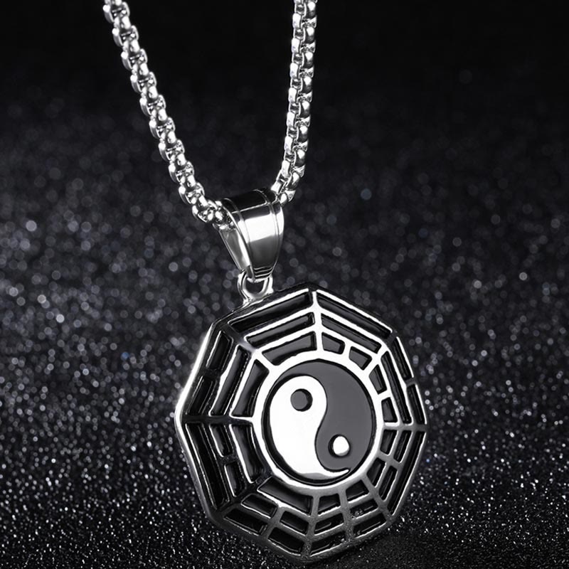 Titanium Steel Bagua Yin Yang Necklace - Silver Bagua octagon pendant on dark sparkly backdrop, men spiritual jewelry