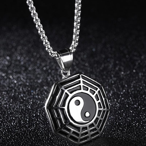 Titanium Steel Bagua Yin Yang Necklace - Silver Bagua octagon pendant on dark sparkly backdrop, men spiritual jewelry