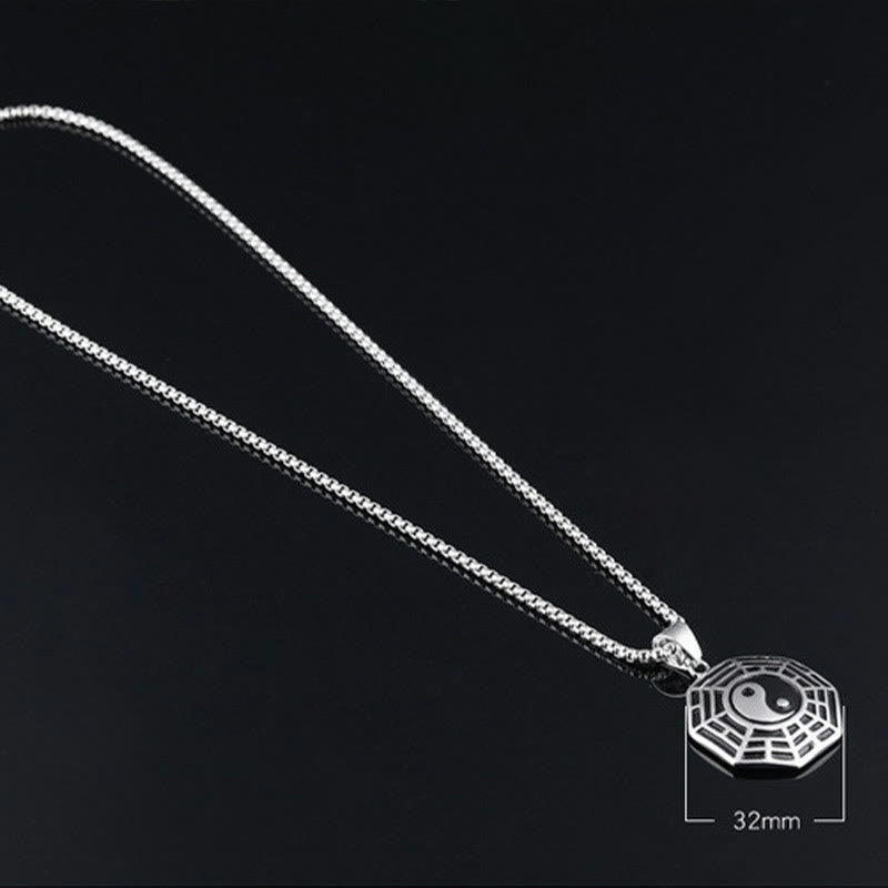 Titanium Steel Bagua Yin Yang Necklace - Silver Bagua Yin Yang pendant with 32mm size marker, product detail shot