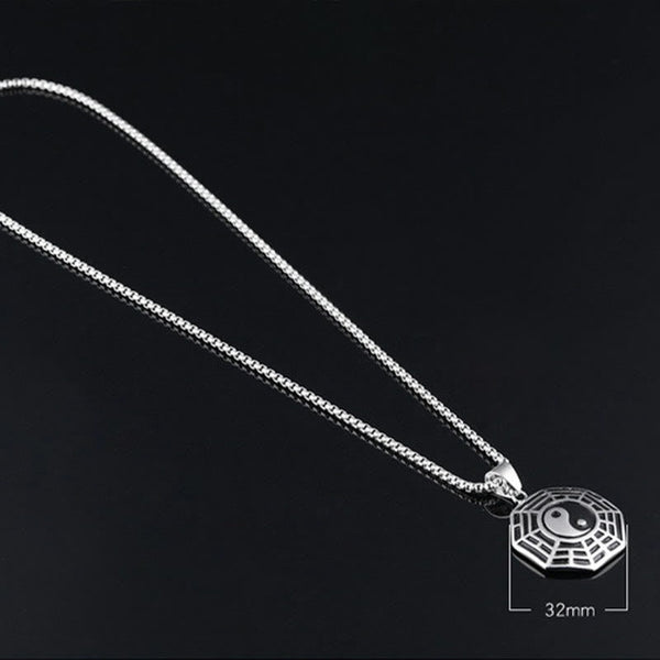 Titanium Steel Bagua Yin Yang Necklace - Silver Bagua Yin Yang pendant with 32mm size marker, product detail shot